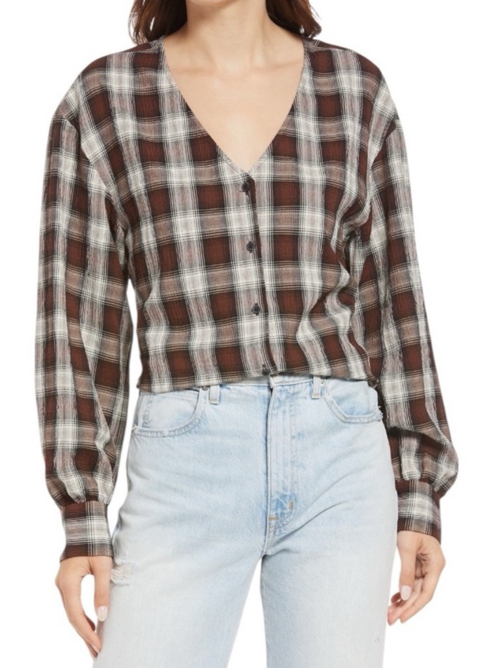 Treasure & Bond Brown and Cream Plaid V-Neck Button-Front Top